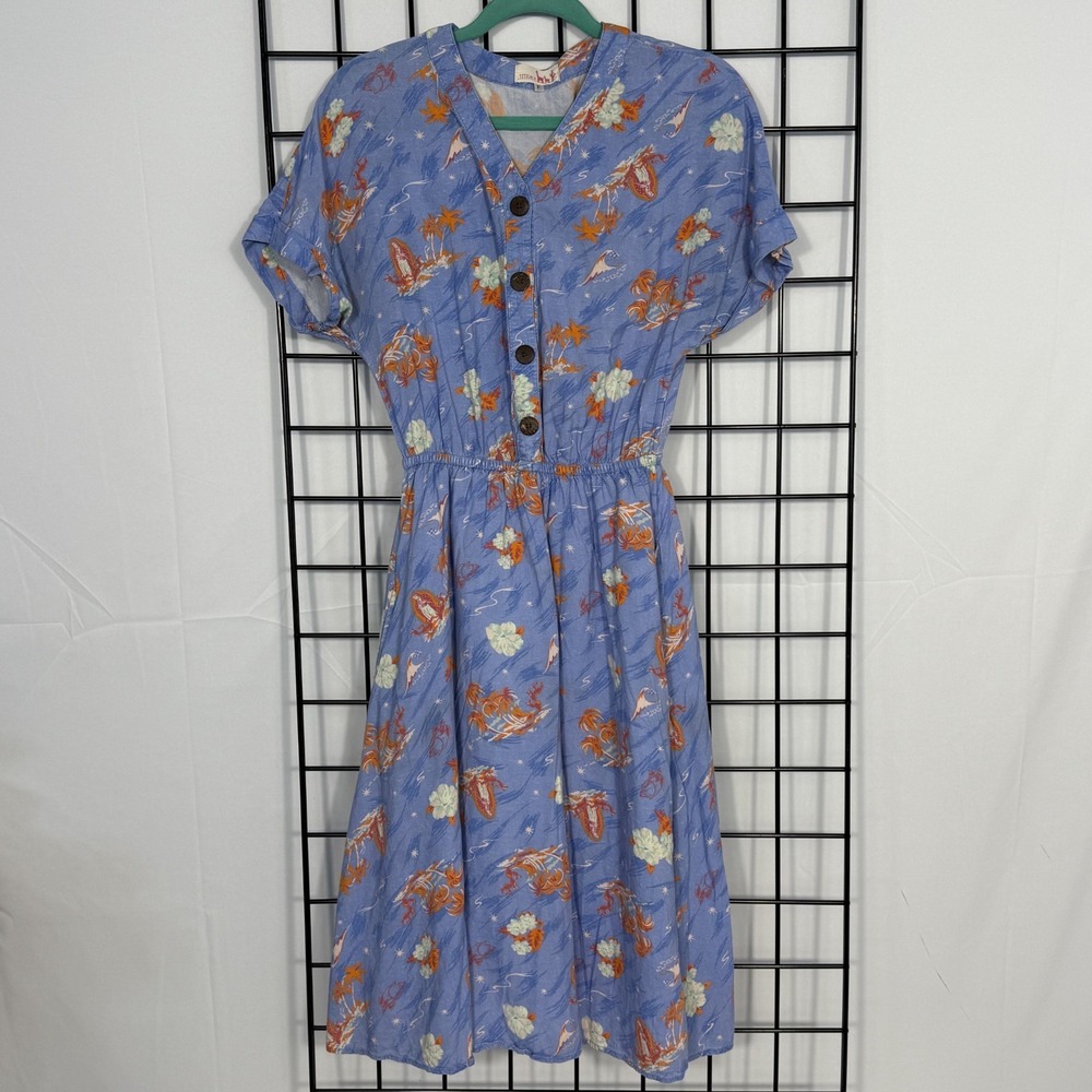 Titicaca Vintage Dress Womens Small Blue Tropical Hawaiian Allover‎ Pockets Boho